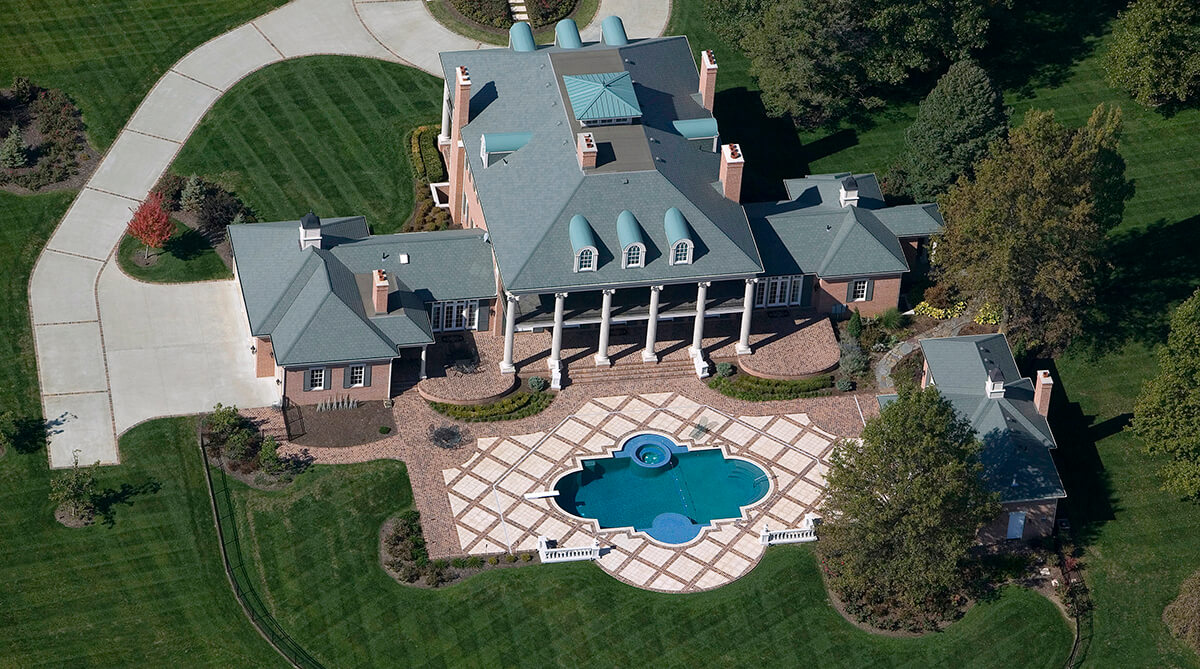 Aerial view of antebellum plantation home in Higginsville, Missouri Designed by NSPJ Architects