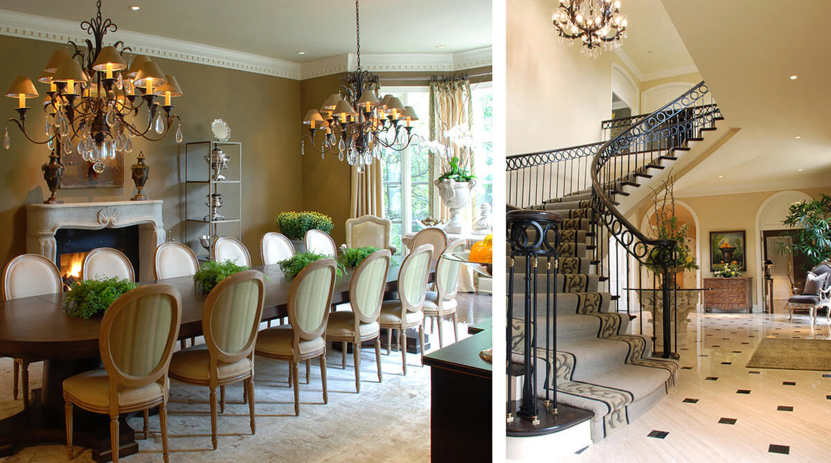 Formal Dining Room and Entry Staircase in French Manor Home Designed by NSPJ Architects