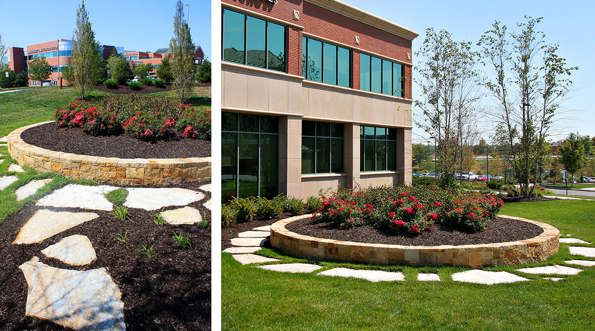 Office complex exterior landscape with planting bed in Leawood, Kansas. Landscape architecture by NSPJ Architects.