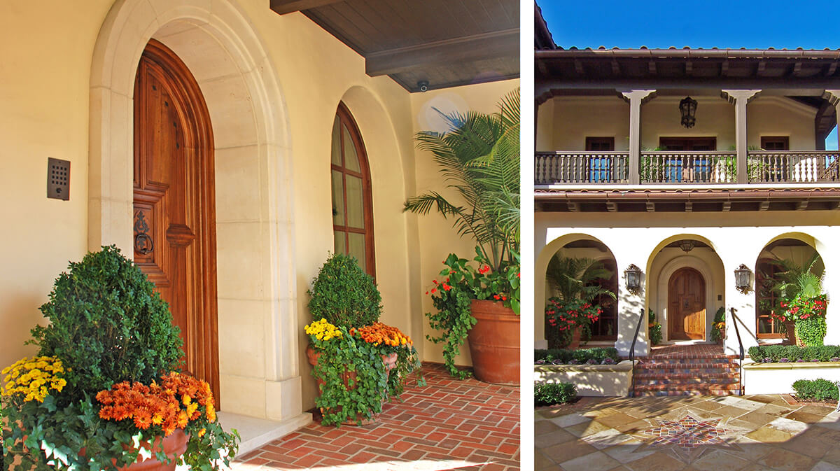 Front entry and second-floor outdoor balcony of Spanish Colonial Revival Home Designed by NSPJ Architects
