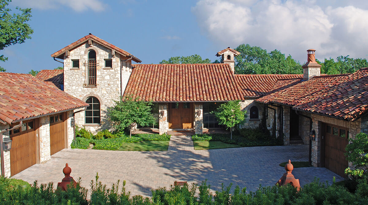 Front Exterior of Tuscan Farmhouse Designed by NSPJ Architects
