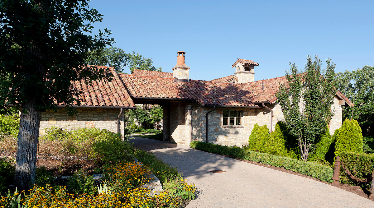 Driveway of Tuscan Farmhouse Designed by NSPJ Architects
