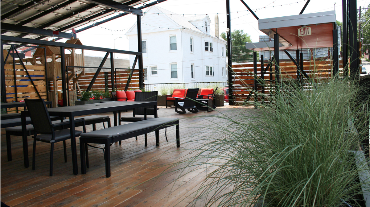 Outdoor patio at downtown Kansas City office. Landscape architecture by NSPJ Architects.
