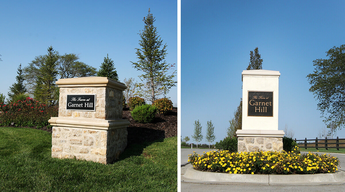 Entry Monument at the Farm at Garnet Hill in Overland Park, Kansas Designed by NSPJ Architects