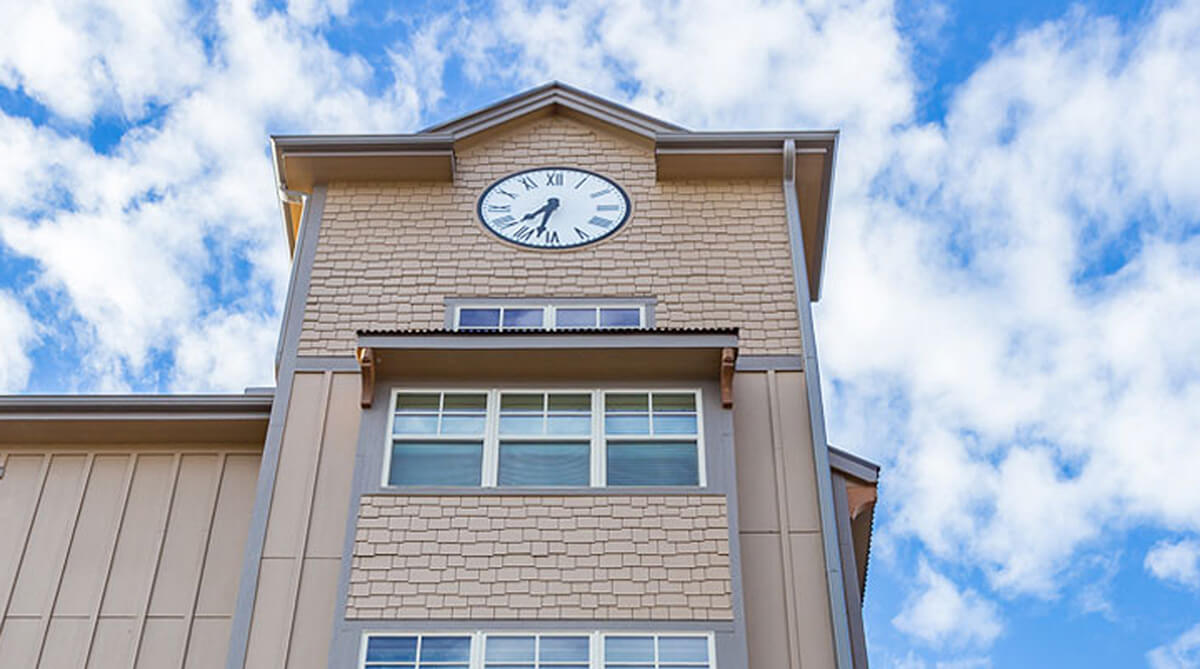 Clock tower at Village at Aspen Place, designed by NSPJ Architects