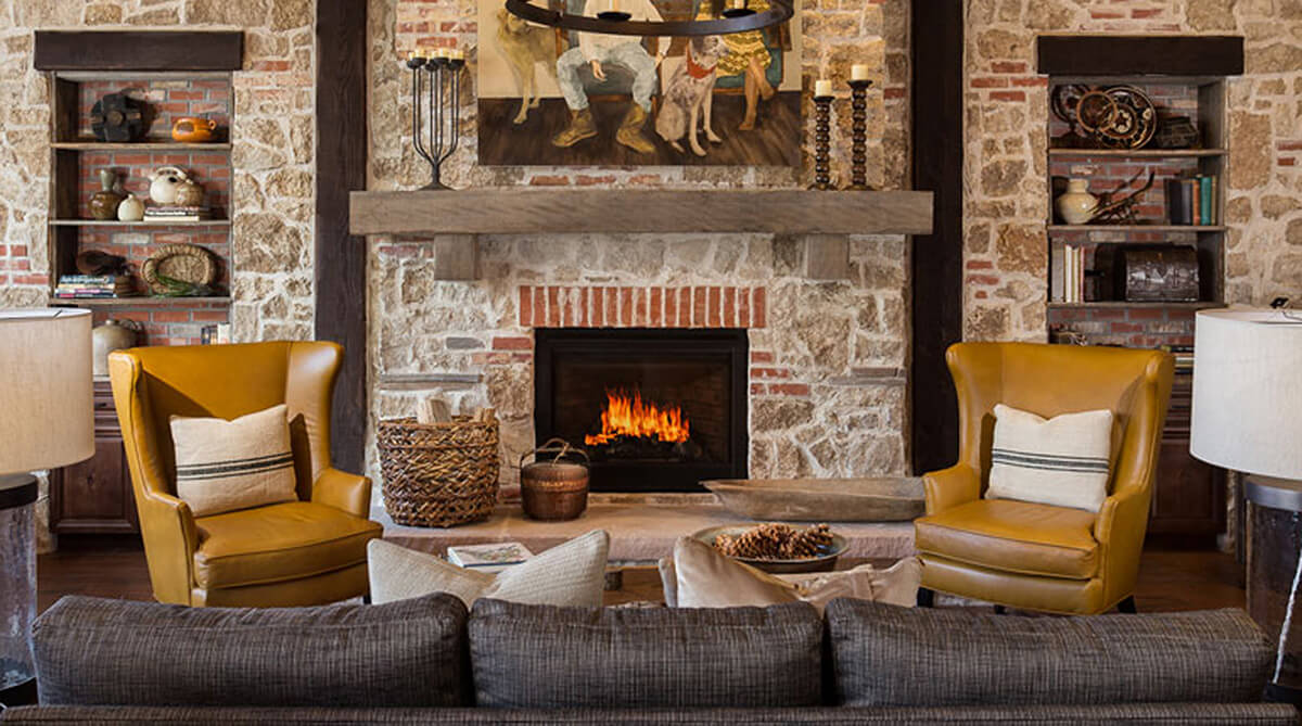Club room fireplace at Village at Aspen Place, designed by NSPJ Architects