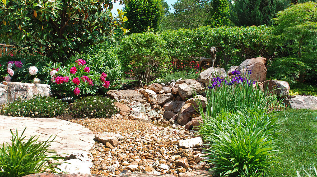 Dry creek bed and plantings at Prairie Village, Kansas home. Landscape architecture by NSPJ Architects.