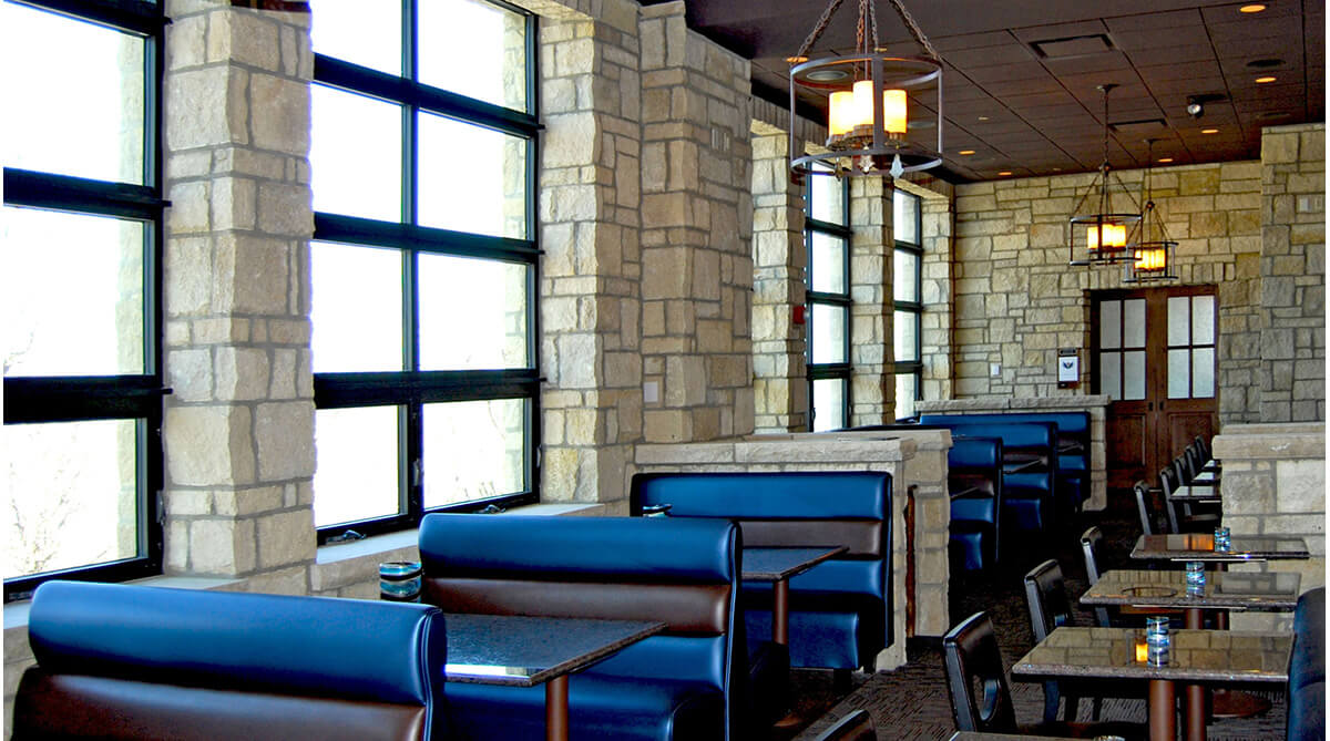 Booths at Five21 Restaurant in the Oread Hotel, designed by NSPJ Architects