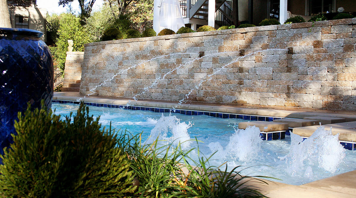 Stone Retaining Wall of Hilltop Pool in Kansas City, Missouri Designed by NSPJ Architects