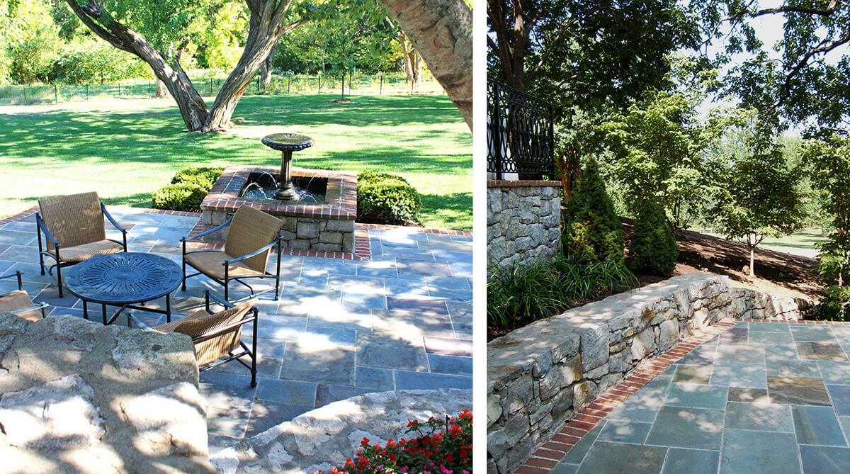 Exterior patio with water feature and exterior stone staircase. Landscape design by NSPJ Architects.