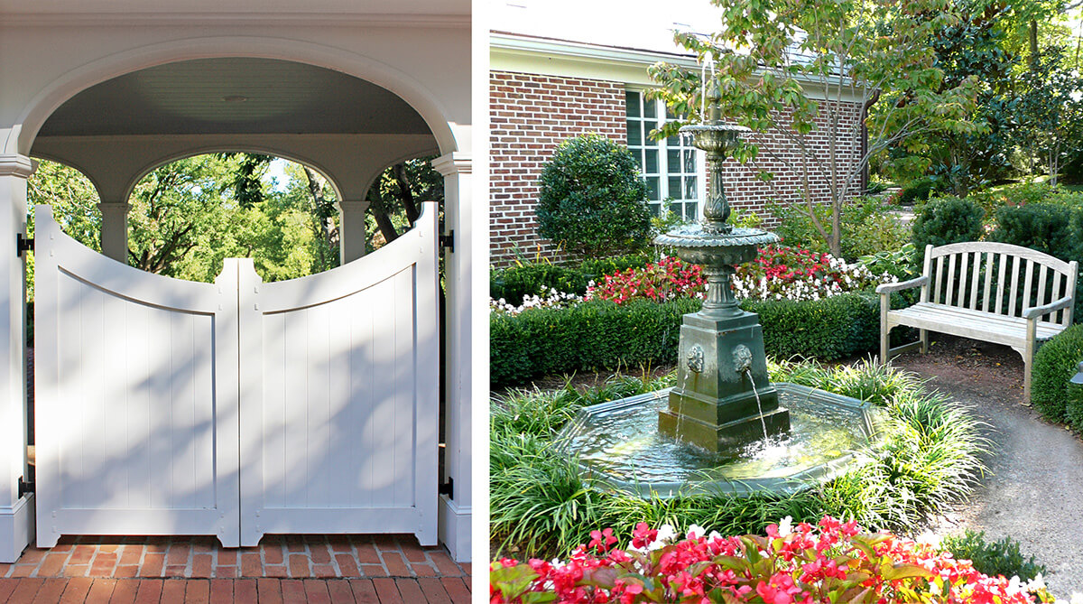 (Left) courtyard gate and (right) contemplative garden with fountain in formal residential landscape design by NSPJ Architects.
