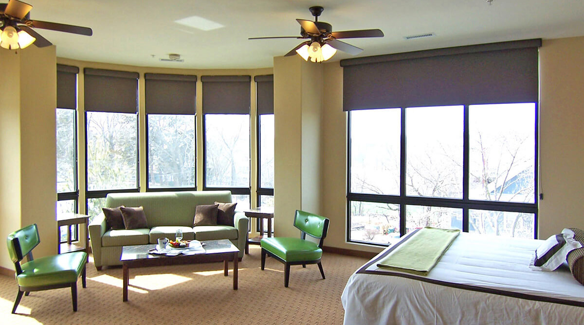 Guest room at the Oread Hotel, designed by NSPJ Architects