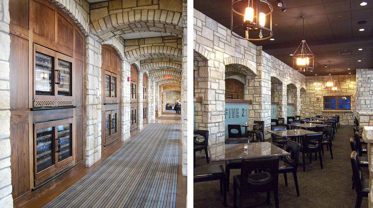 Hallway wine lockers and Five21 restaurant in the Oread Hotel, designed by NSPJ Architects