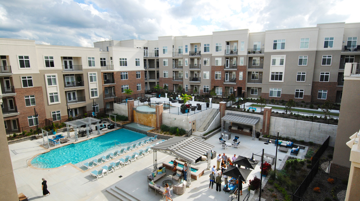 Aerial View of Pool and Cabanas at Domain at City Center in Lenexa, Kansas Designed by NSPJ Architects