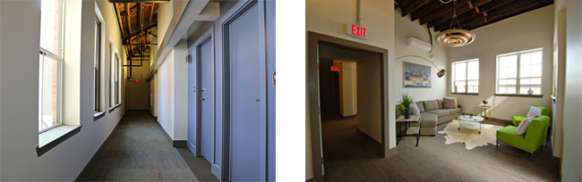 Completed 5th floor hallway (left) and common area (right), ready for residents.