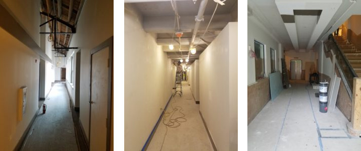 Hallway during construction (left) and during painting phase (middle), and lobby during construction (right).