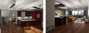 Renderings of living area (left) and living area, kitchen and balcony (right).