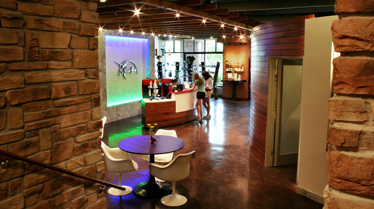 Front lobby of New You Health Studio in Leawood, Kansas, designed by NSPJ Architects