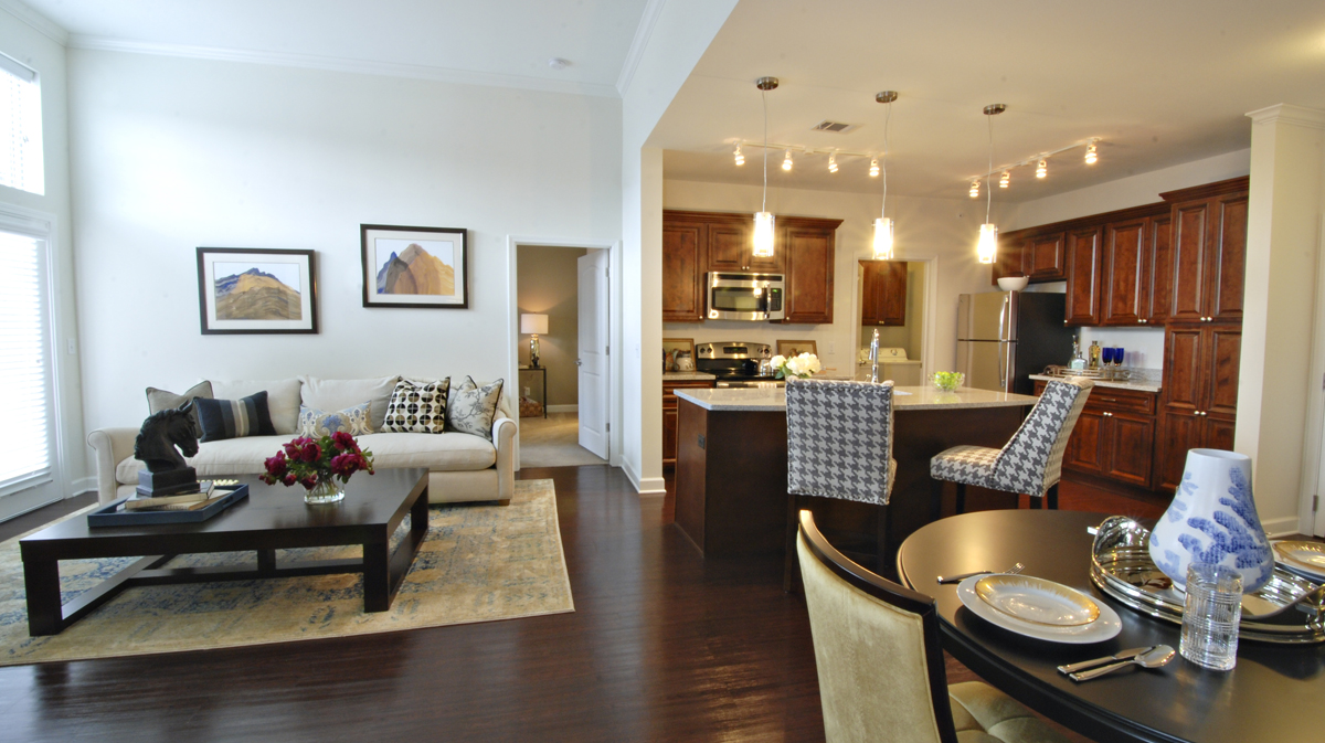 Living area of unit in Mission 106 in Leawood, Kansas, designed by NSPJ Architects