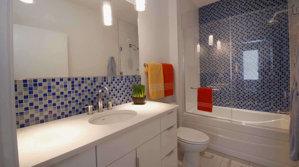 Bathroom of unit in Sky on Main Luxury Apartments, designed by NSPJ Architects