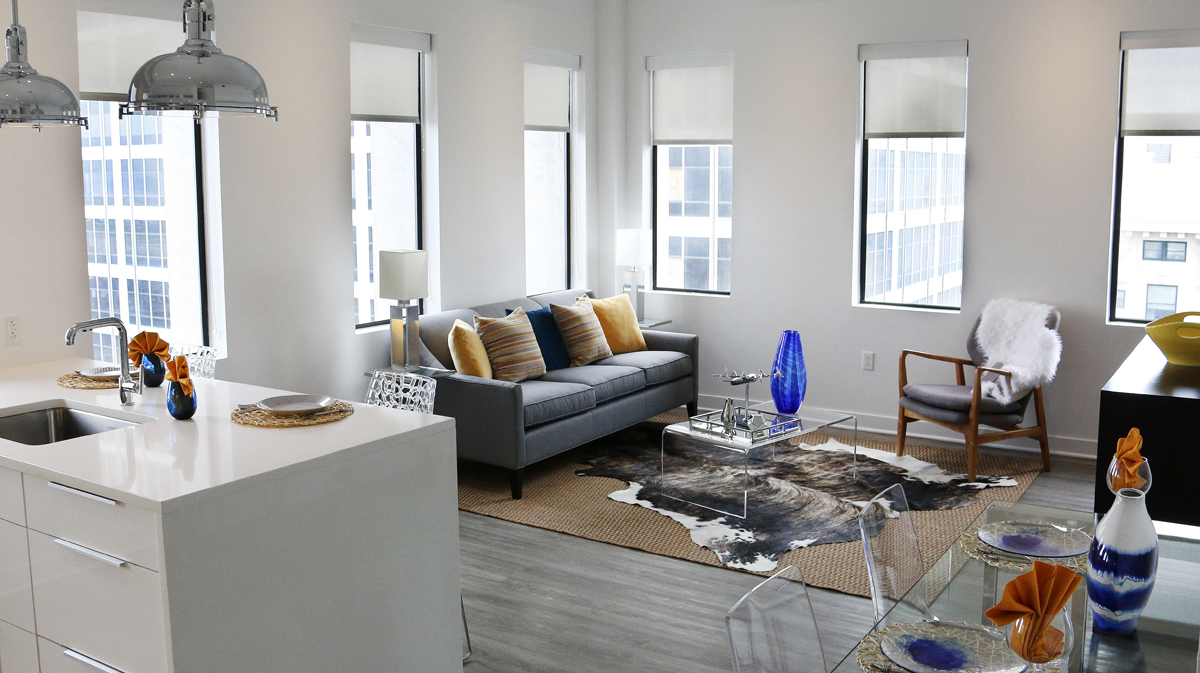 Living Room of unit in Sky on Main Luxury Apartments, designed by NSPJ Architects