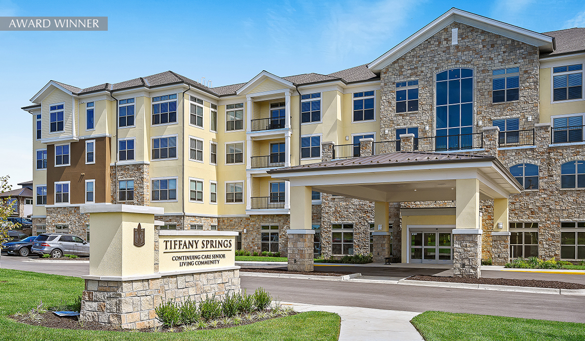 Tiffany Springs Senior Living Community located in Kansas City Missouri. Designed by NSPJ Architects and NSPJ Landscape Architects