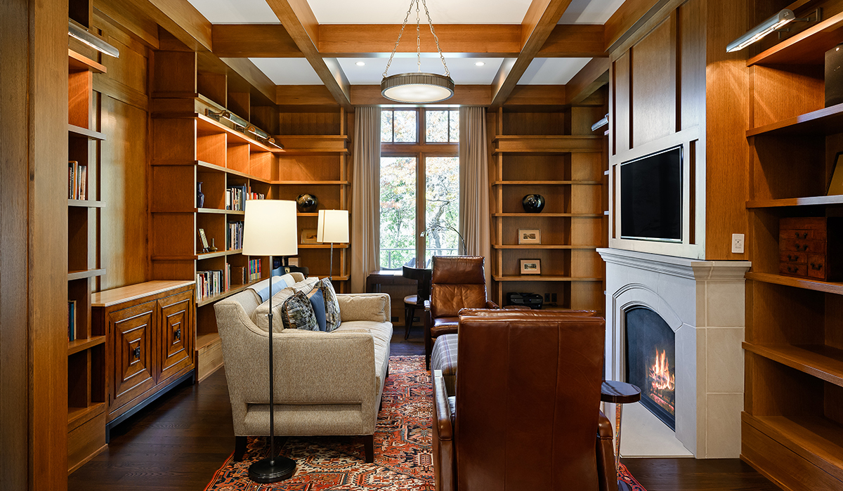 Prairie-Style Contemporary Library with Fireplace