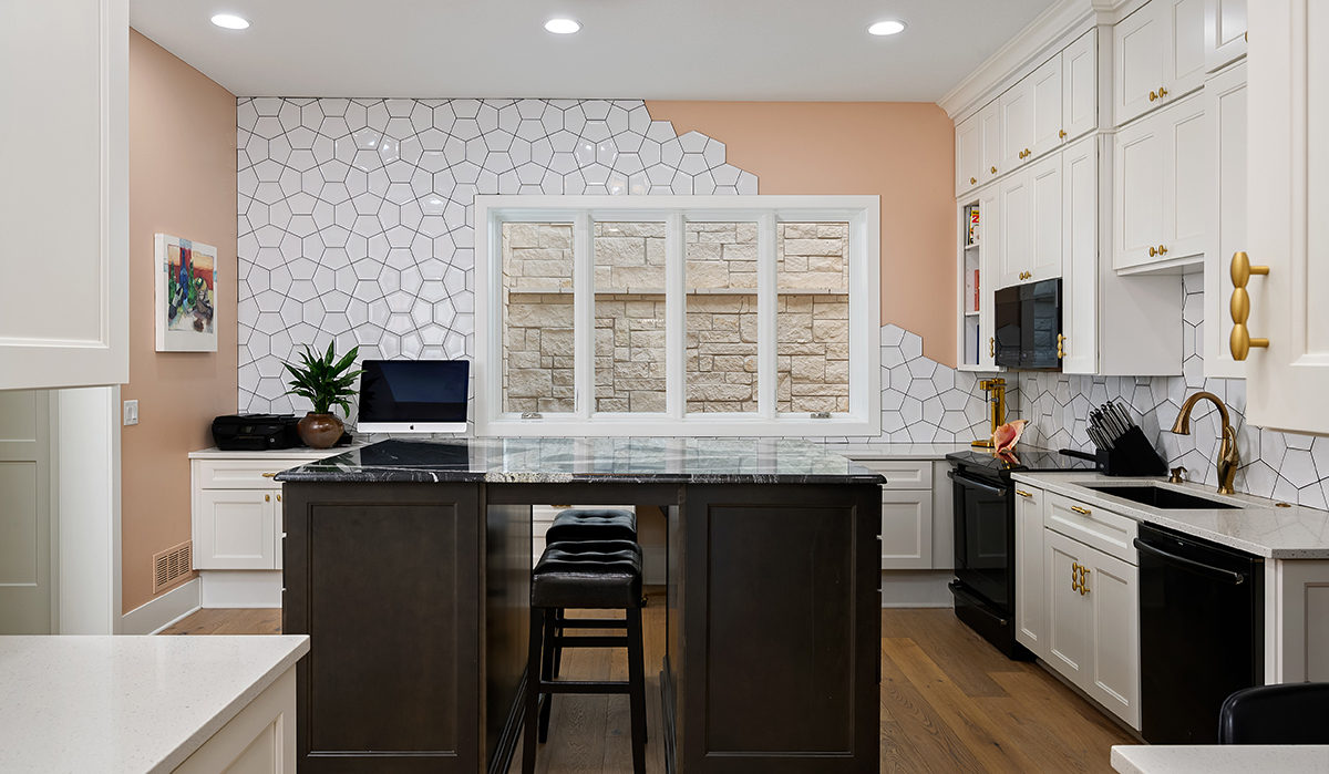Modern Mediterranean Catering kitchen, tile accent wall, craft room,